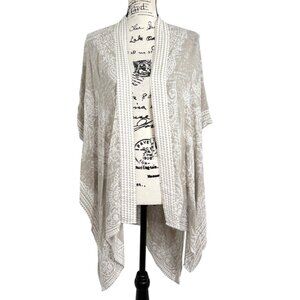 J. Jill Open Front Kimono Cardigan Wrap Boho Beige & White Print One Size